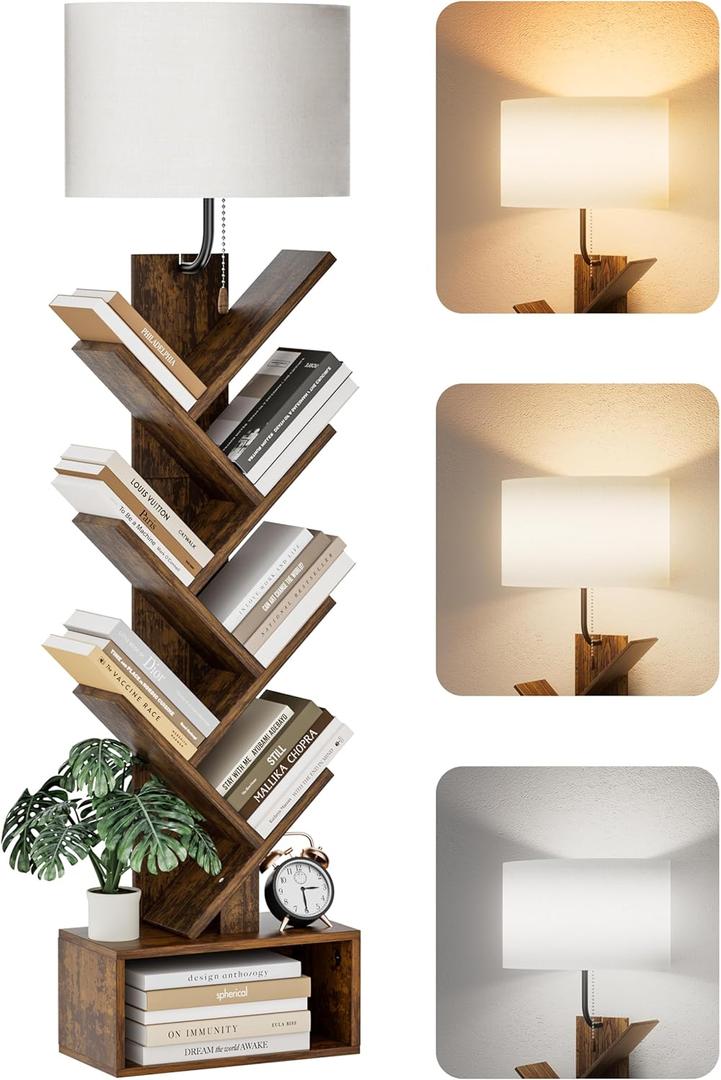 6 Tier Tree Bookshelf with Light, Corner Tall Narrow Bookshelf, Small Bookcase with Storage Cabinet,Floor Standing Bookshelves Organizer for Bedroom/Living Room/Home Office, Rustic Brown