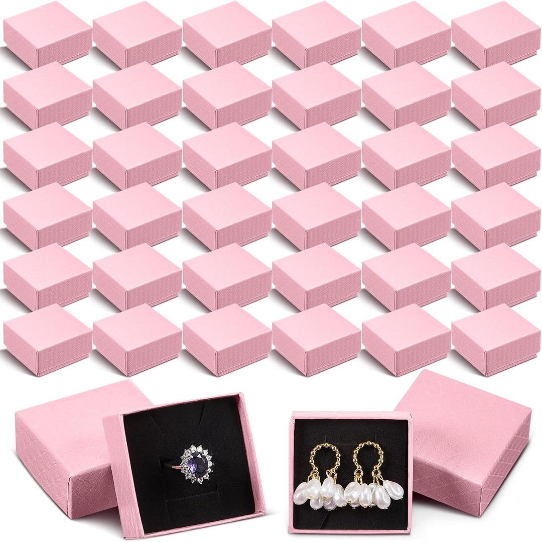 Landical 100 Pcs Jewelry Ring Gift Box 2'' x 2'' x 1'' Small Cardboard Earring Ring Gift Box with Velvet and Sponge Liner Pendant Case Bulk for Necklace Bracelet Earring Display Wedding (Pink)