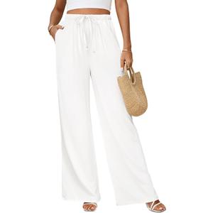 Linen Pants for Women Flowy Palazzo Pants Boho High Waist Wide Leg Trousers Summer Beach Vacation Outfits 2026 (White, M)