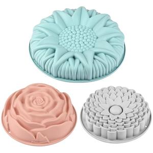 Sakolla 3 Pack Flower Shape Silicone Cake Molds, Large Round Silicone Molds for Baking Cake, Breads, Pies, Tarts (Rose, Chrysanthemum, Sunflower)