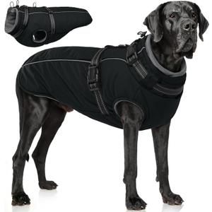 PUMYPOREITY Dog Coat with Harness Built in, Reflective Fleece Jacket, Thick and Warm Winter Coat, Dog Jacket with Zip, Cold Weather Coats for Outdoor, Waterproof Pet Snowsuit, Black, L