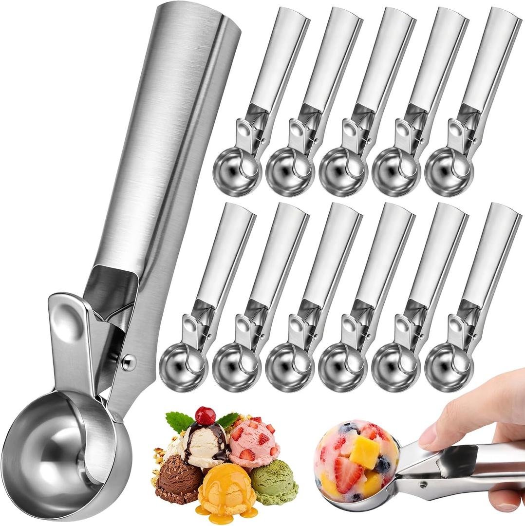 Hushee 12 Pcs Ice Cream Scoop Bulk Stainless Steel Ice Cream Scooper with Trigger Heavy Duty Trigger Release Icecream Cookie Dough Scoop Spoons Dishwasher Safe for Frozen Yogurt Muffin DIY(1.97 Inch)