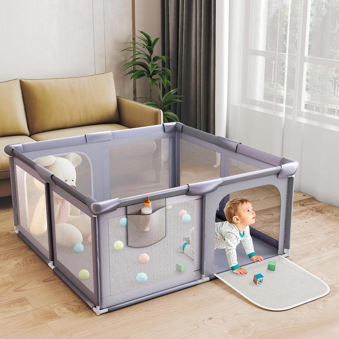 Baby Playpen, 50x50 Inch Play Yard for Babies and Toddlers, Indoor & Outdoor Baby Gate Play Pen with Soft Breathable Mesh, Safety Kids Fence Playard Area (Grey)