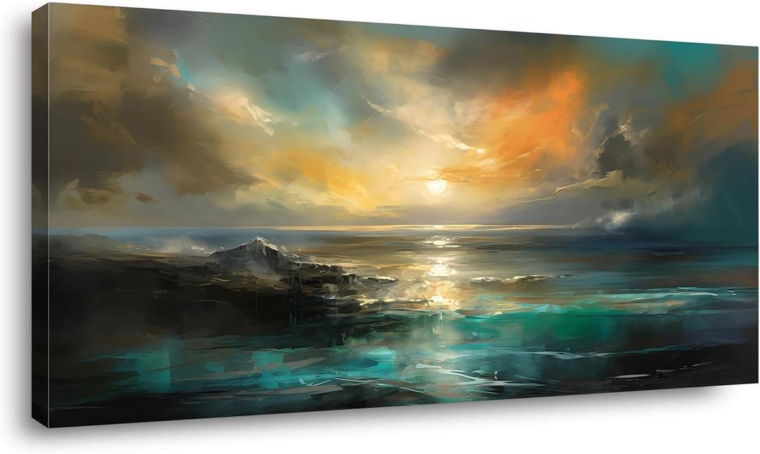 Ocean Sunset Landscape Canvas Wall Art for Living Room Bedroom Home Decoration, Beautiful Nature Scenery Oil Painting Print Picture Decor Artwork, Gallery Wrapped Gift Inner Frame 23x46 Inches