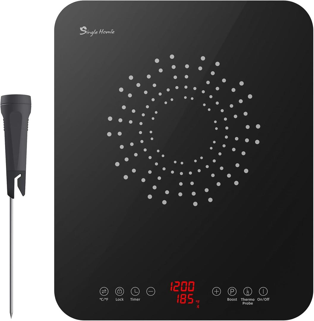 Singlehomie Smart Induction Cooktop with Bluetooth Probe, Portable Countertop Burner with Auto Temperature Control & Real-Time Food Temp Display, 0.9" Ultra-Thin, 1200W Boost, Timer, Safety Lock