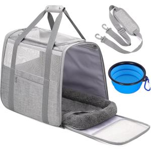 JUNGYOUN Premium Cat Carrier - Pet Carrier for Cat & Small Dogs up to 15lbs - Airline Approved Travel Dog Carrier with Anti-Escape Zippers, Collapsible Travel Bowl & Padded Strap (18.0"L x 12.0"W x 14.0"H, Grey)