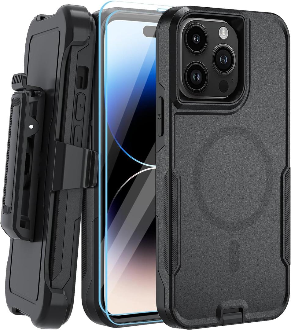 5-in-1 Magnetic Designed for iPhone 14 Pro Max Case,Heavy Duty Case Belt Clip Holster,with Tempered Glass Screen Protecto(2 Pcs),Phone Case for iPhone 14 Pro Max (Magnetic, Black)