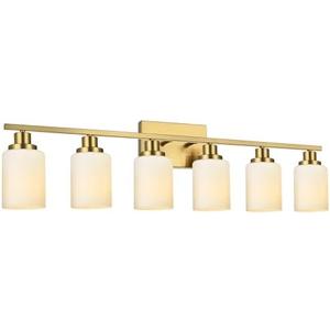Wanluce 6-Light Bathroom Vanity Light Brushed Brass Bathroom Lighting Fixtures Over Mirror with Opal White Glass Shade, Golden Finish Vanity Wall Sconces Fixtures for Bedroom Living Room