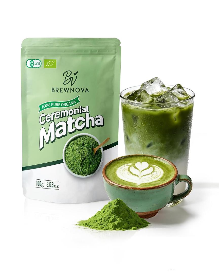 Brewnova Ceremonial Grade Matcha Powder - Premium Organic Shade-Grown Stone-Milled First Harvest Unsweetened Gluten-Free Vegan Green Tea for Matcha Latte, Teas & Recipes, 3.53oz Double-Seal Pack(100g) (EXP 10/25/27)