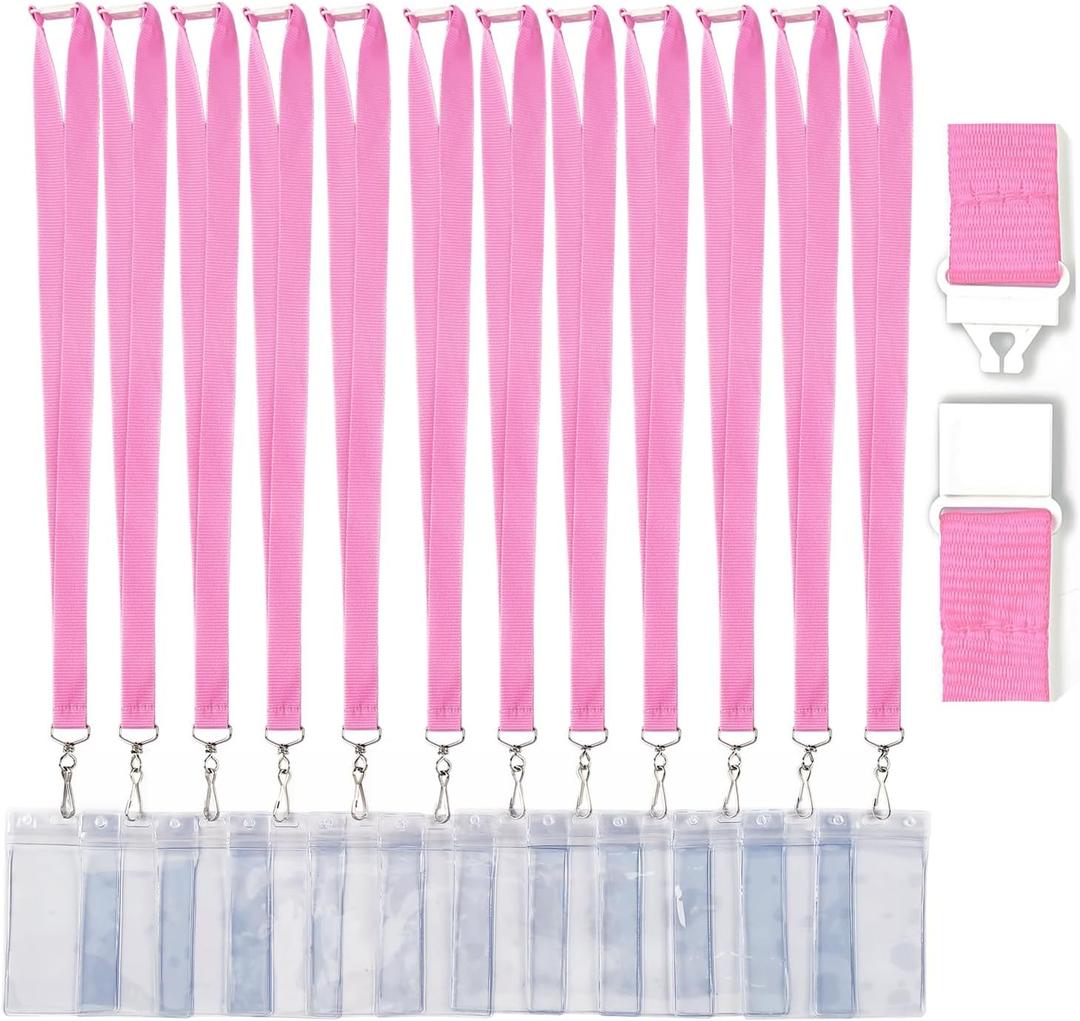 12 Pack Pink Breakaway Lanyard with Thick ID Holder for Schools, Office, Cruise(Pink,12Pack)