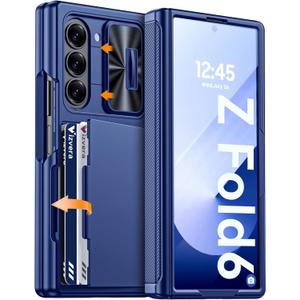 Vizvera for Samsung Galaxy Z Fold 6 Case RFID Wallet with Cards Holder [Hinge Cover] [Camera Cover] Shockproof Silicone Protective Phone Case for Z Fold 6 2024-Blue