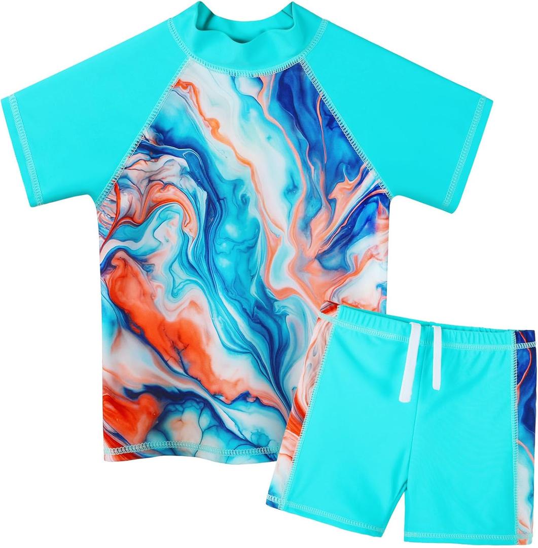 Girls Two Piece Swimsuit Floral UPF 50+ Rash Guard Set Kids Beach Swimwear (8-9 Years, Cyanagate)