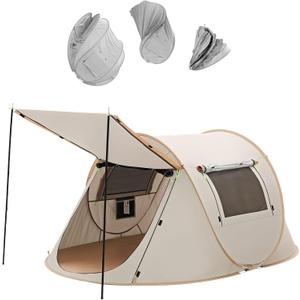 Pop-up Camping Tent, 2 Person Waterproof Beach Tent, 2 Doors, 98.4 * 59 * 43.3in, with Carry Bag, for Camping Hiking Traveling（Off-White）