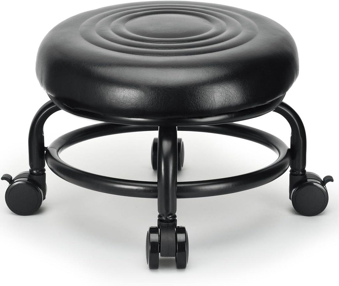 Low Height Rolling Stool Low Roller Stool PU Leather Comfortable Chair, Modern Low Rolling Stool for Home Office Garage Shop