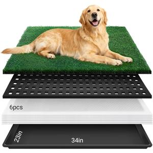 Dog Grass Mat with Tray, 34"x23" Artificial Grass Pee Pads for Dogs Turf Toilet, Reusable Potty Pads for Dogs with 6 Disposable Urine Mats, Indoor/Outdoor Toilet Training EVA Waterproof Base