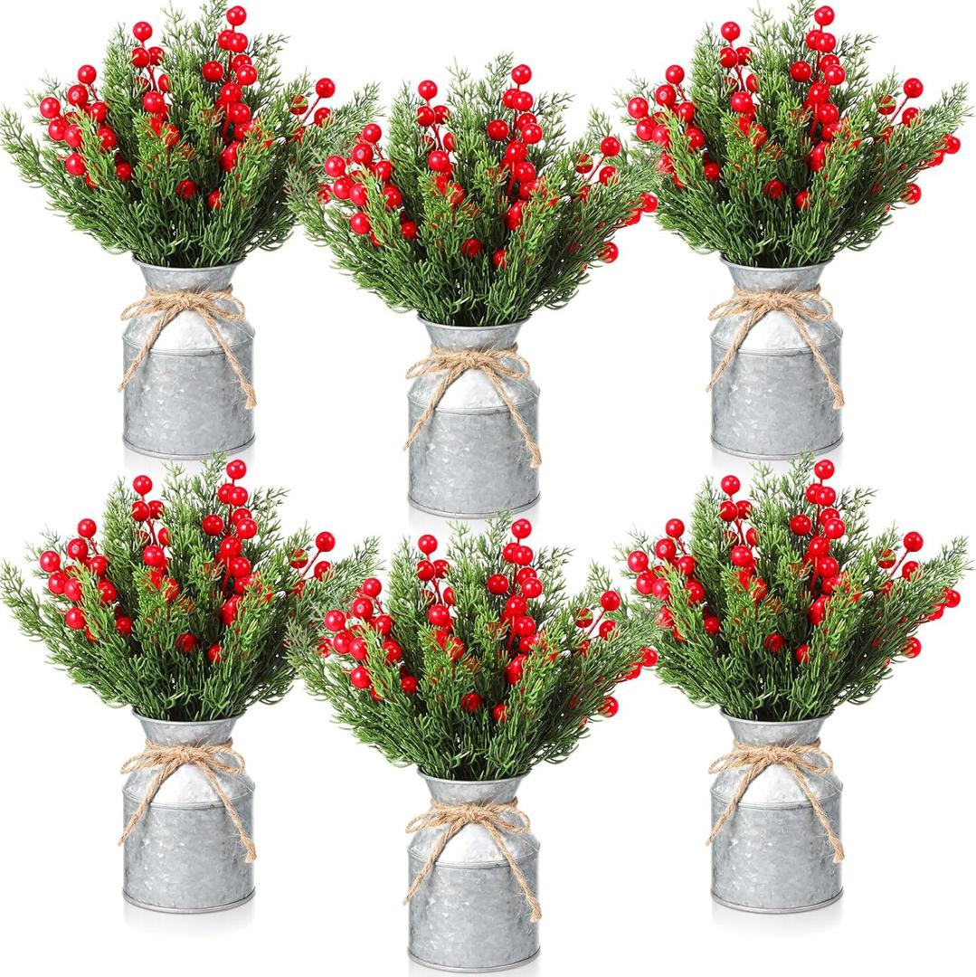 Tioncy 6 Sets Winter Centerpieces for Tables Artificial Winter Picks with Vase 120 Artificial Norfolk Pine Branch Faux Cedar Pine Stem and 90 Berry Stems for Winter Indoor Home Office Table