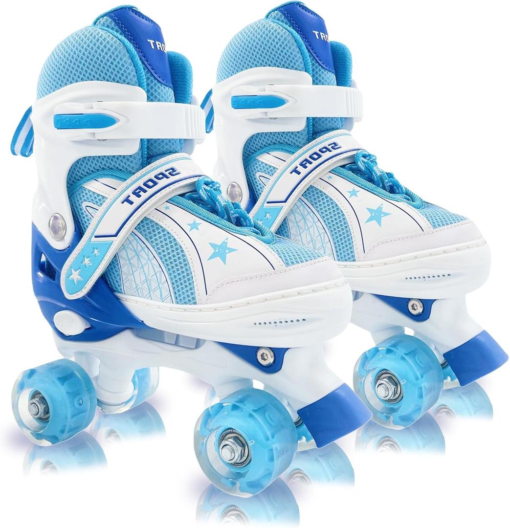 Adjustable Kids Roller Skates for Girls and Boys Ages 3-5 5-8 8-12, All 8 Wheels of Girl's Skates Shine, Safe and Fun Illuminating for Outdoor Indoor Sports (Large-Youth (4Y-7Y)), Sky Blue