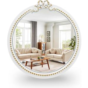 Vintage Round Wall Mirror 11.8inch Small Farmhouse Wooden Vanity Mirror for Wall Decor, Decorative Antique White Nursery Mirrors, Traditional Art Home Bow Decor for Living Room,Bedroom
