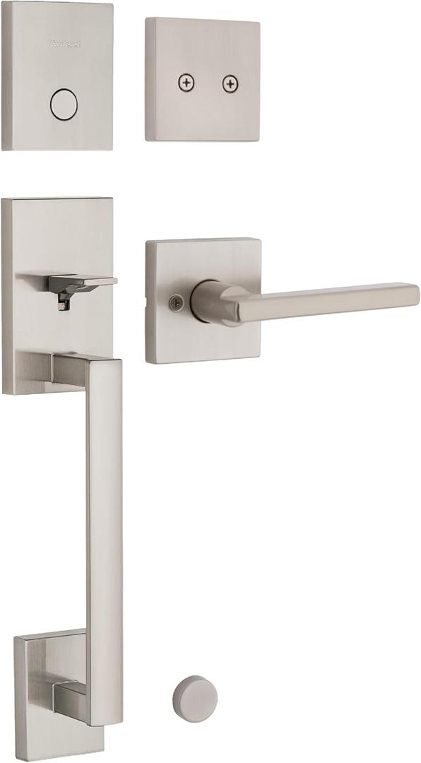 Kwikset San Clemente Non-Functioning Front Door Lock Handle, Inactive Deadbolt and Interior Door Handle, Dummy Handleset Exterior with Interior Reversible Lever, Satin Nickel with Microban Protection