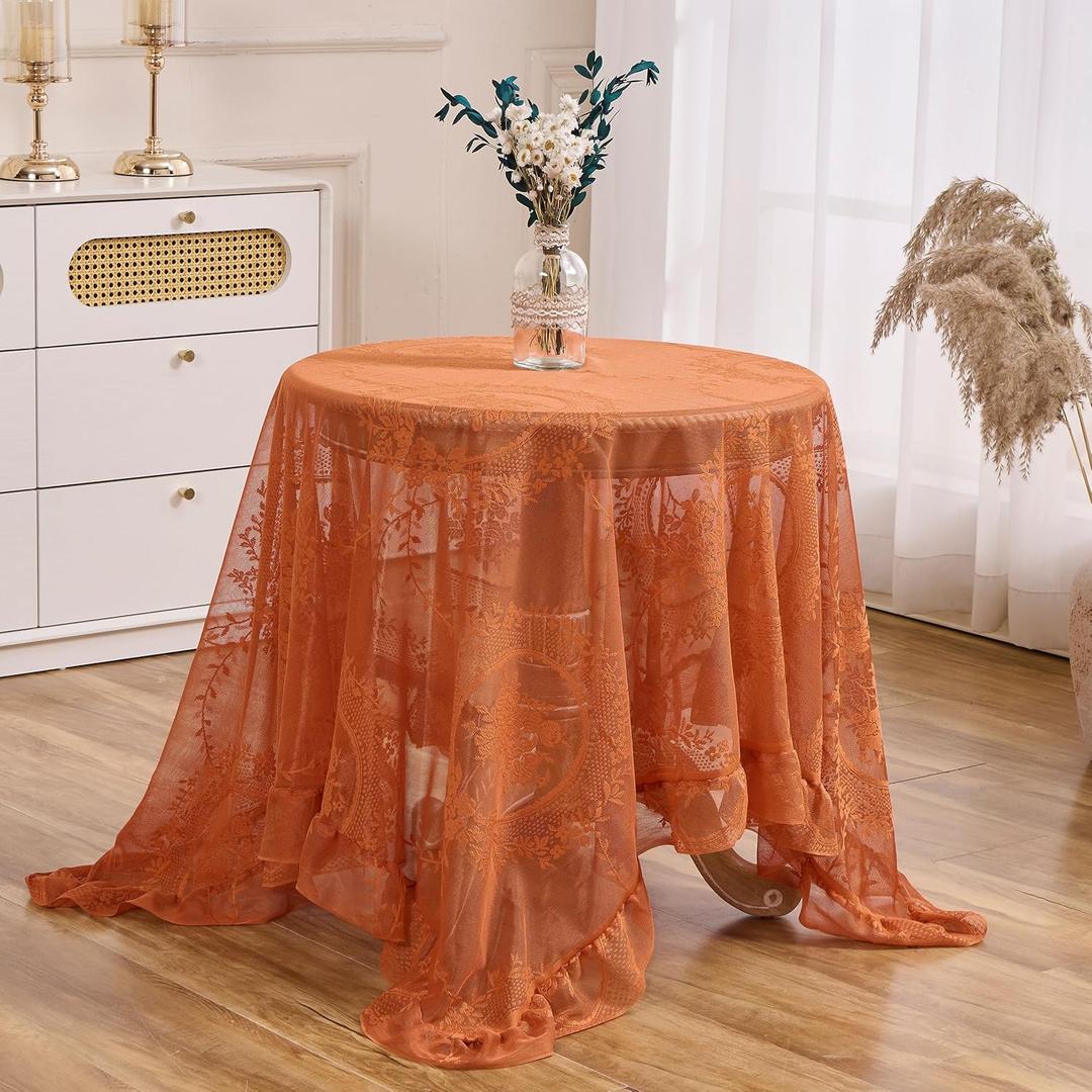 Orange Floral Embroidered Lace Square Tablecloth 55x55 Vintage Table Cover (Orange, 55x55, Square)