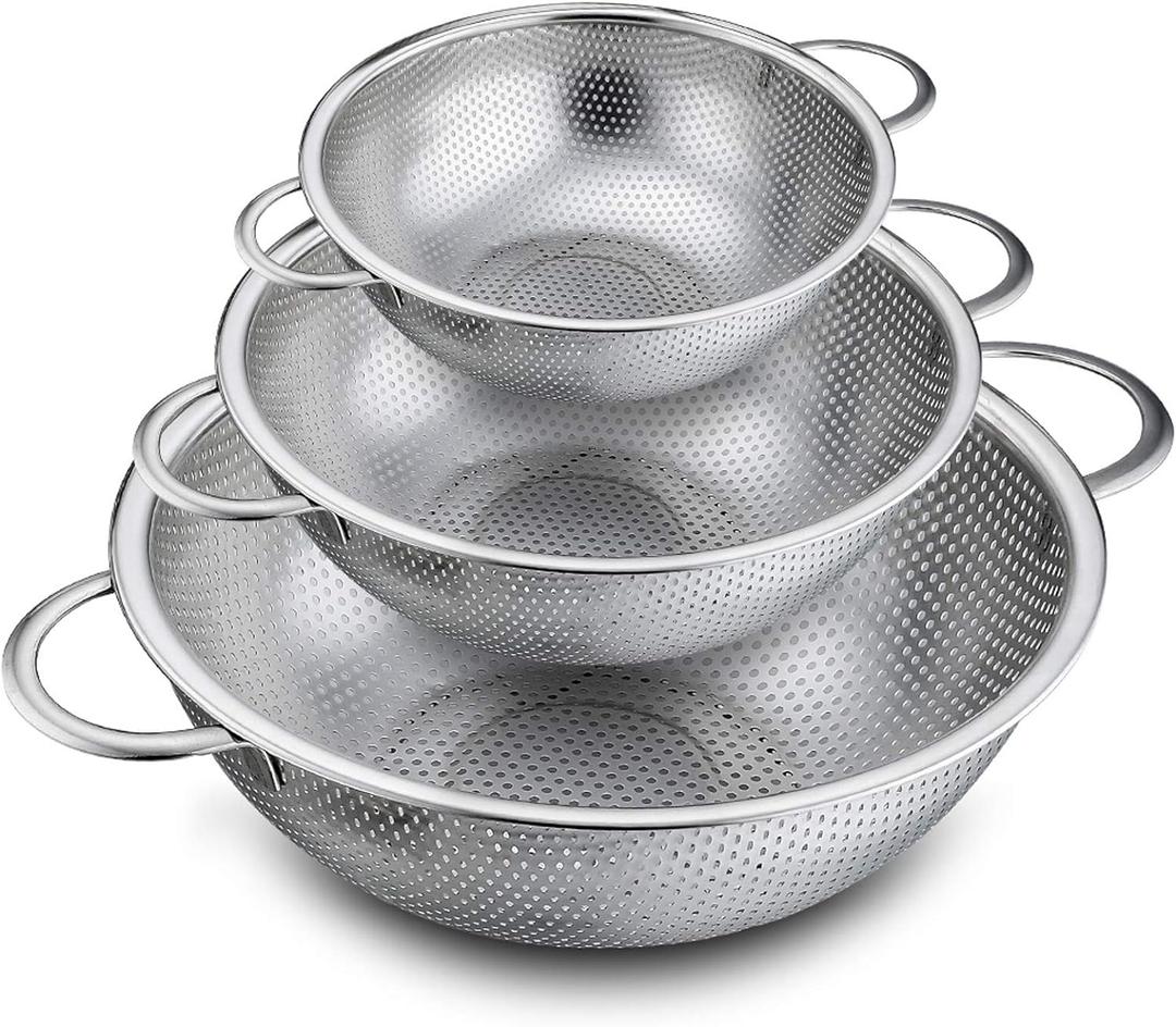 P&P CHEF Colander Set of 3, Stainless Steel Micro-Perforated Colanders Strainers for Draining Rinsing Washing, Ideal for Pasta Vegetables Fruits, Heavy Duty & Dishwasher Safe - 1/3/5 Quart