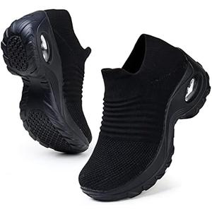 HKR Women's Walking Shoes Arch Support Non Slip Work Shoes Breathable Knit Upper Lightweight for Plantar Fasciitis, All Black US 8