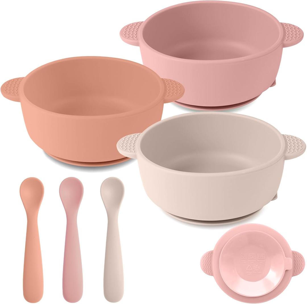 Eascrozn 3 Pack Baby Bowls with Suction and 3 Pack Baby Spoons, BPA Free, Silicone Baby Feeding Set for Babies Toddler Kids, Microwave and Dishwasher Safe (Purple)