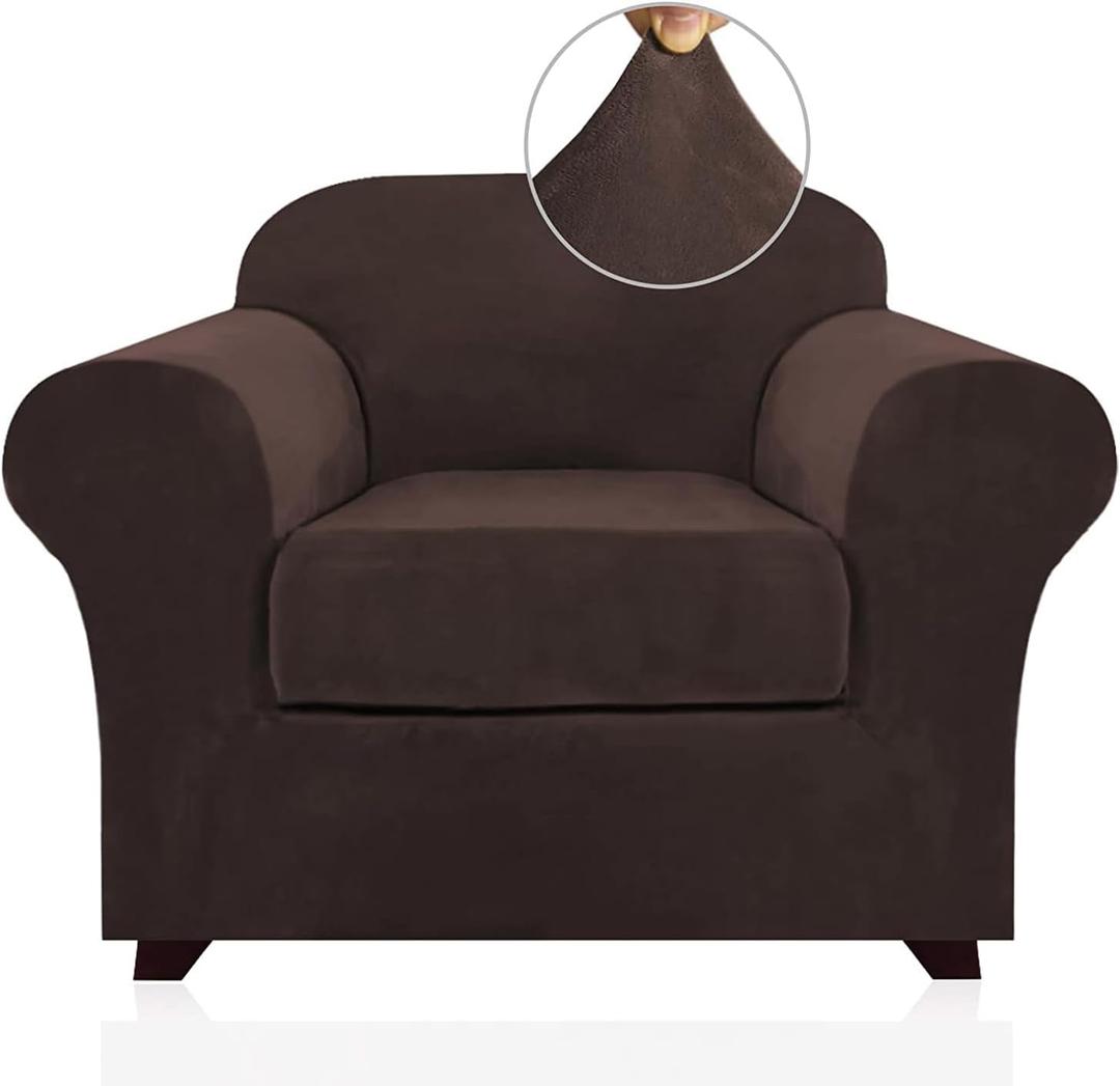 PrinceDeco Velvet Plush Couch Cover Stretch 2 Piece Chair Cover Chair Slipcover Washable Furniture Protector Couch Soft with Elastic Bottom Armchair Cover Width Up to 49 Inch(Small, Brown)