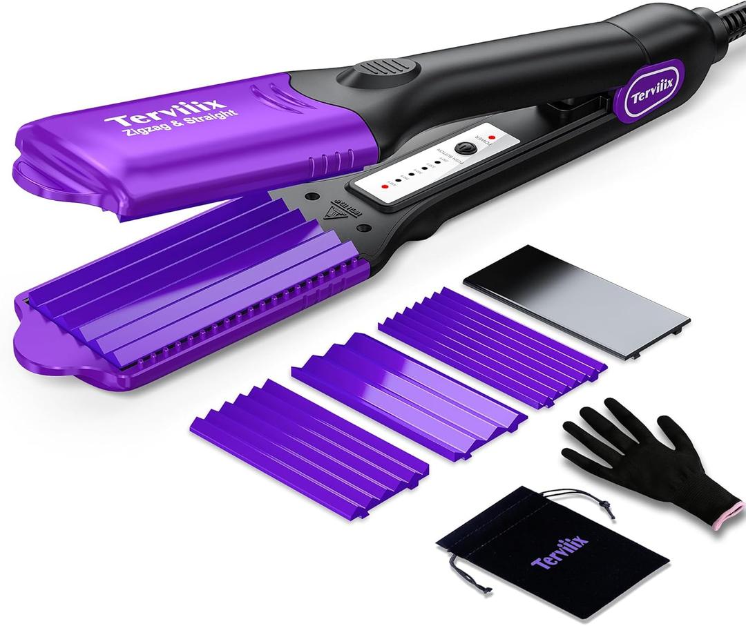 Terviiix Crimper Hair Iron with 4 Interchangeable Plates, Keratin & Argan Oil Infused Hair Crimper for Women, Volumizing Crimping Iron for Thin Fine Hair, 5 Heat Settings & 60 Mins Auto Off, Purple