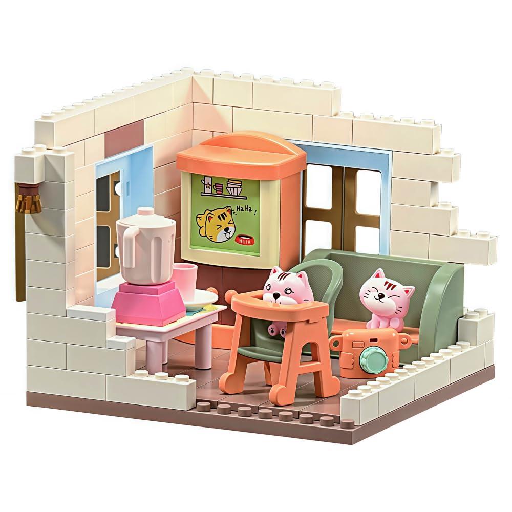 kvlidvo Koko's Cat Town DIY Miniature House Kit, Tiny White House Series Living Room Building Kit, Purrfect Dollhouse with 255PCS, Cat Toys Gift for Girls Boys Teens Kids Ages 3+