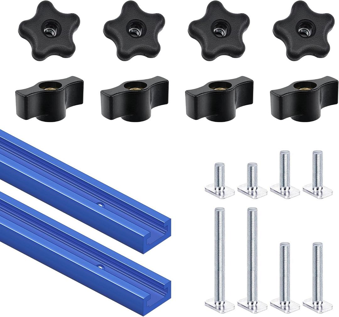 2 pack 48" T-Track with 16pcs T-Track Knob Kit for Woodworking with Screws, Aluminum Alloy Woodworking Tools Double Cut Profile Universal T-Tracks with Predrilled Mounting Holes anodized blue