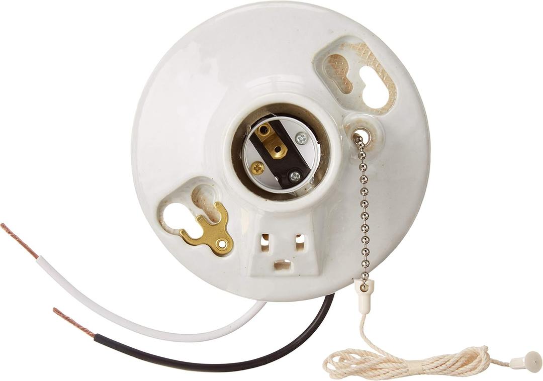 Leviton Glazed Porcelain Incandescent Lampholder with Pull Chain and Grounding Outlet, 9726-C2 (1 Count (Pack of 1), Image)