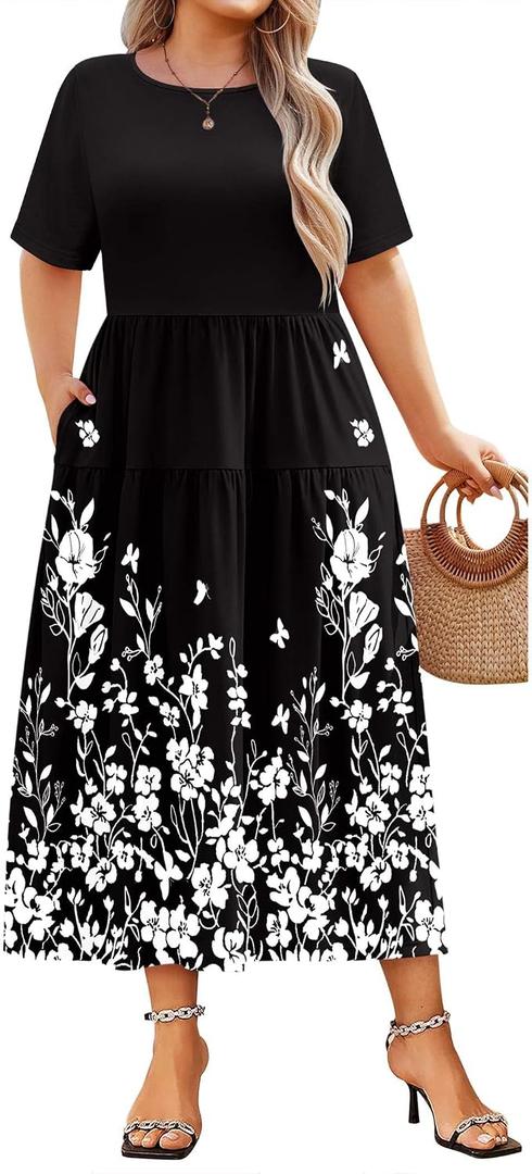 IN'VOLAND Womens Plus Size Maxi Dresses Summer 2026 Casual Short Sleeve with Pockets Long Dress 5X Black Flower