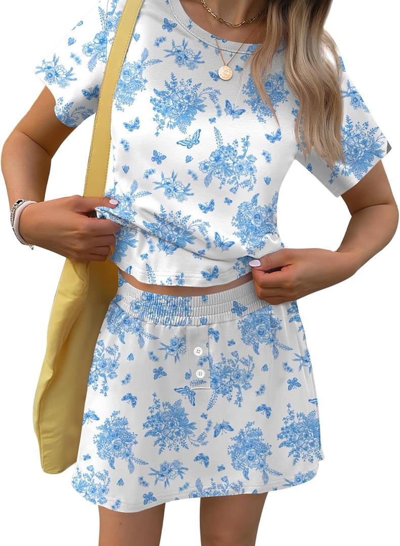 TCOT Pajamas for Women Set Summer Fashion Short Sleeve Crewneck Tops with Skirt Sets Pajama Casual Loungewear (M)