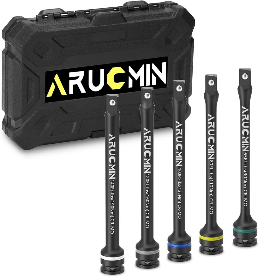 1/2" Drive Torque Limiting Extension Bar Set, 5-Piece Lug Nut Torque Stick Set With 8 Inch Color-Coded 65 to 140 Ft-Lbs Torque Sticks