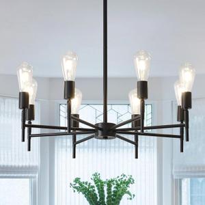 NILSE Black Chandelier, 8-Light Dining Room Chandelier Rotatable Bulb Socket Industrial Vintage Ceiling Light Fixture 27-Inch, Height Adjustable Pendant Light for Kitchen Island Living Dining Room