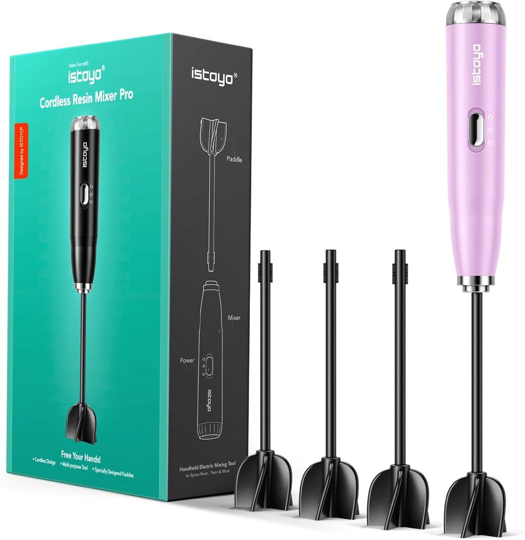 ISTOYO Premium Resin Mixer Handheld Battery Epoxy Mixer Saving Your Wrist Epoxy Resin Mixer Resin Stirrer Resin Resin Molds Silicone Molds DIY Crafts (Pink Included 4 pcs Paddles) IS-JB-JBPK-PRO