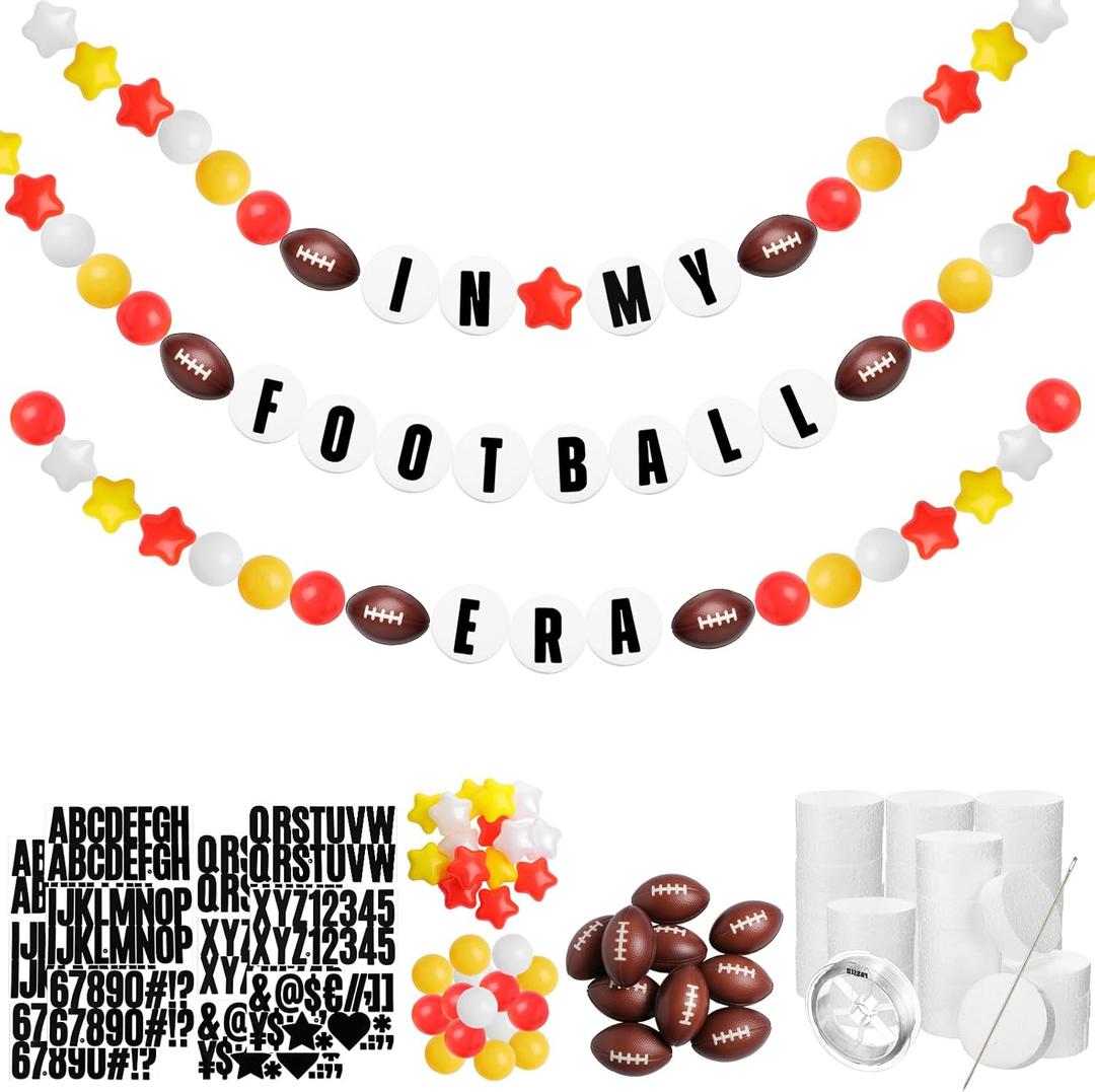 98 Pcs Football Birthday Banner Decor Jumbo DIY Friendship Bracelet Banner Kit Customizable Party Giant Garland Decoration for Football Themed Birthday Game Fans(Red, Yellow, White, Brown)