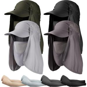 4 Pair Sun Hat Fishing Hats UPF 50+ Outdoor Hiking Hat UV Sun Protection Hat with Neck Flap Face Mask and 4 Pack Arm Sleeves for Men Women (Black, Dark Gray, Light Gray, Army Green)