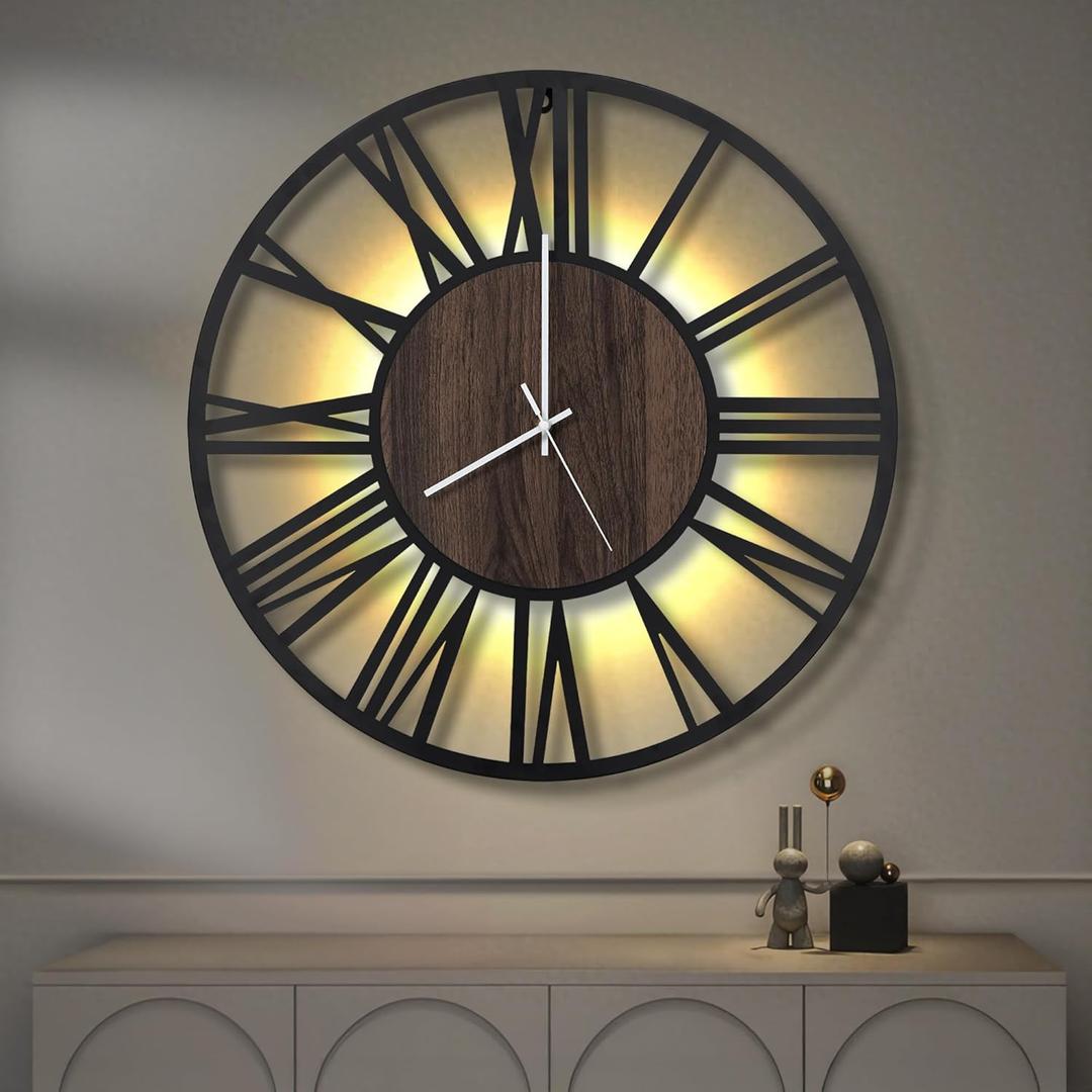 LEIKE Large Wall Clocks with Night Light Battery Operated,Silent Non Ticking,Rustic Modern Big Wood Clock for Living Room, Bedroom,Kitchen,Farmhouse,Office,Home Decor-24 Inch(Roman Numerals)