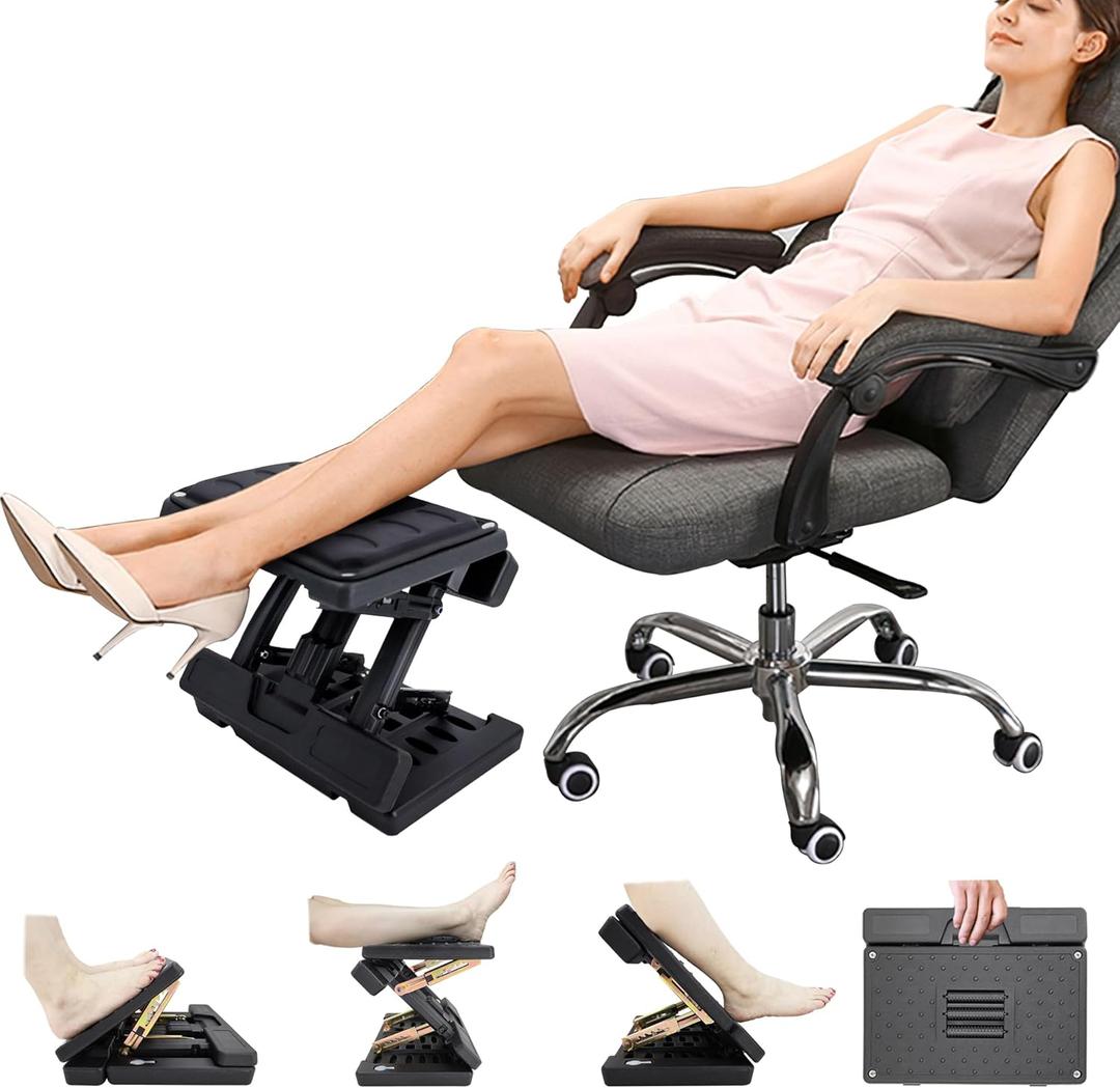 Under Desk Footrest - Detachable Memory Foam Cushion & Massage Roller, Tool-Free Height & Angle Adjustable Foot Stool, Ergonomic Leg Rest for Office, Home & Gaming Comfort, (Black Plus)