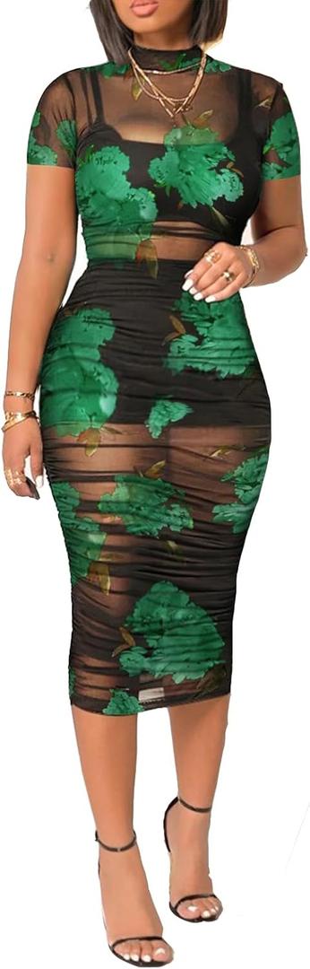Mojessy Sheer Dress for Women Sexy Short Sleeve Ruched Mesh Bodycon Dress Adjustable Strap Top Mini Skirt 3 Piece Outfits Set (Green) Set XL