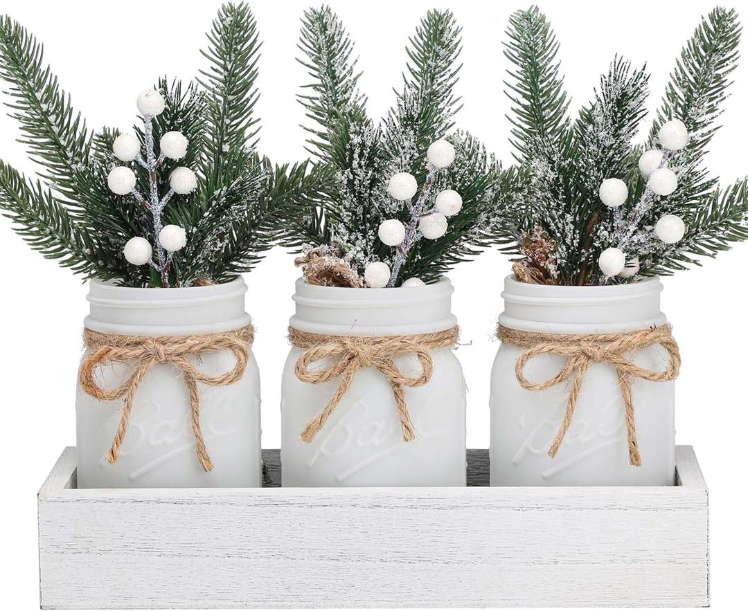 SUPREME LIGHTS 2017 Christmas Mason Jars, Winter White Mason Jars, Christmas Centerpieces for Home Table Decor, Wood Tray & 3 Decorative Jars, Winter Farmhouse Dining Table Centerpieces Decoration
