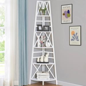HOMBAZAAR 5 Tier Corner Shelf, 72 Inch Industrial Corner Bookshelf, Tall Ladder Bookcase with Metal Frame, Rustic Shelf Stand for Living Room, Bedroom, Office, White