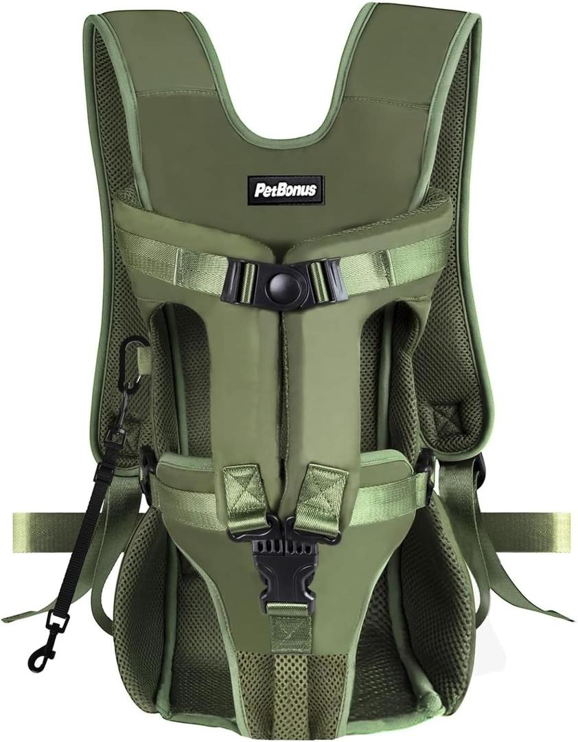 PetBonus Pet Front Dog Carrier Backpacks, Adjustable Pet Backpack, Legs Out Easy-fit Puppy Chest Carrier for Medium Small Dogs, Hands Free for Hiking, Cycling (Army Green, M)