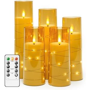 kakoya Flameless LED Candles with Timer 5 Pc Flickering Flameless Candles for Romantic Ambiance and Home Decoration Stable Acrylic Shell,with Embedded Star String，Battery Operated Candles（Gold）