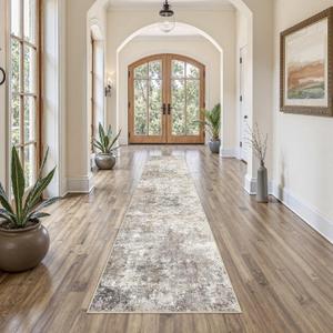 2X10 Washable Runner Rug for Hallway: Soft Neutral Modern Abstract Area Rug - Non-Slip Low Pile Long Throw Indoor Carpet for Kitchen Entryway Kitchen Bedroom Laundry - Brown Grey