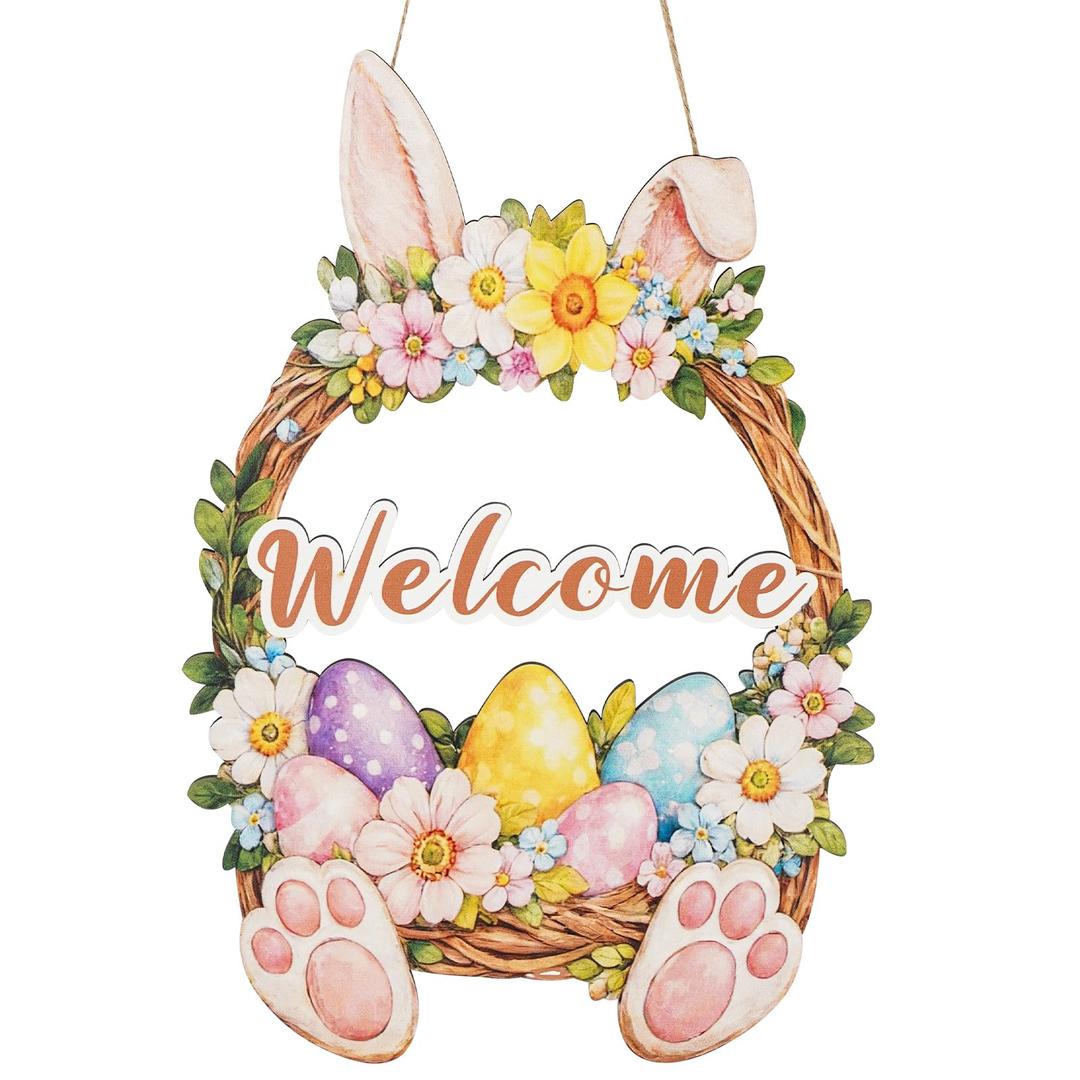 ONEHAUS Easter Decorations Wooden Wreath for Front Door Sign, Happy Easter Cute Bunny Porch Decor Welcome Hanging Sign for Outdoor, Wall Hanging Rabbit Wreath for Party Home Indoor