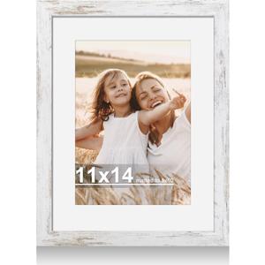 Hongkee 11x14 Picture Frame with Real Glass - 8x10 Wooden Frame with Mat, Horizontal and Vertical Display for Wall or Tabletop (Distressed White, 1 Pack), 11X14 in