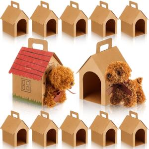 ShinyRelief 24 Pcs Dog Party Favors Boxes Dog House Shaped Treat Gift Boxes with Holes Foldable with Handle for Adopt a Puppy Party Favors Kid DIY Crafting Birthday (Kraft Paper Style)